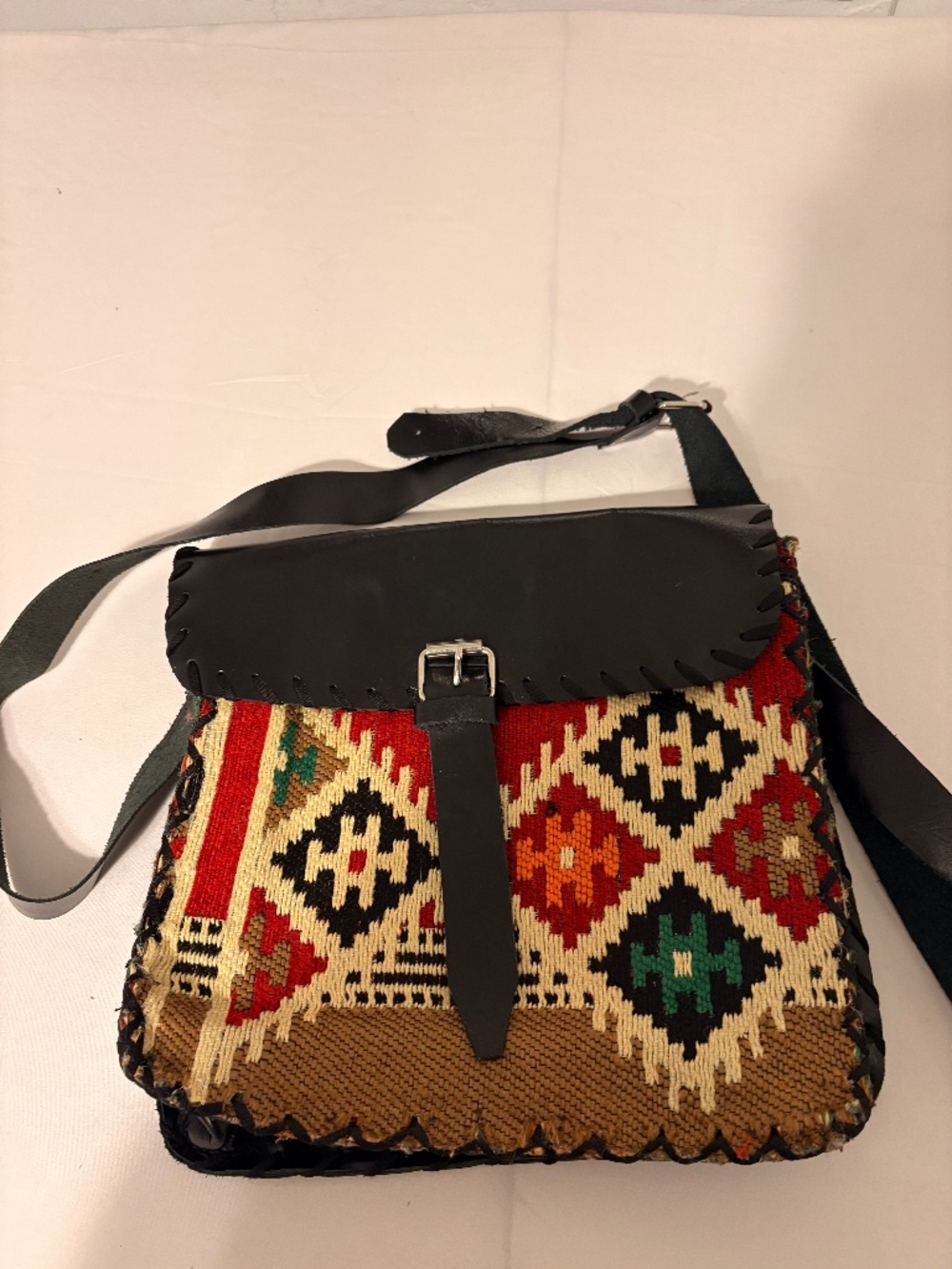Vintage Turkish Kilim Wool & Leather Black-Red-Tan Crossbody Bag 12"x12"x3